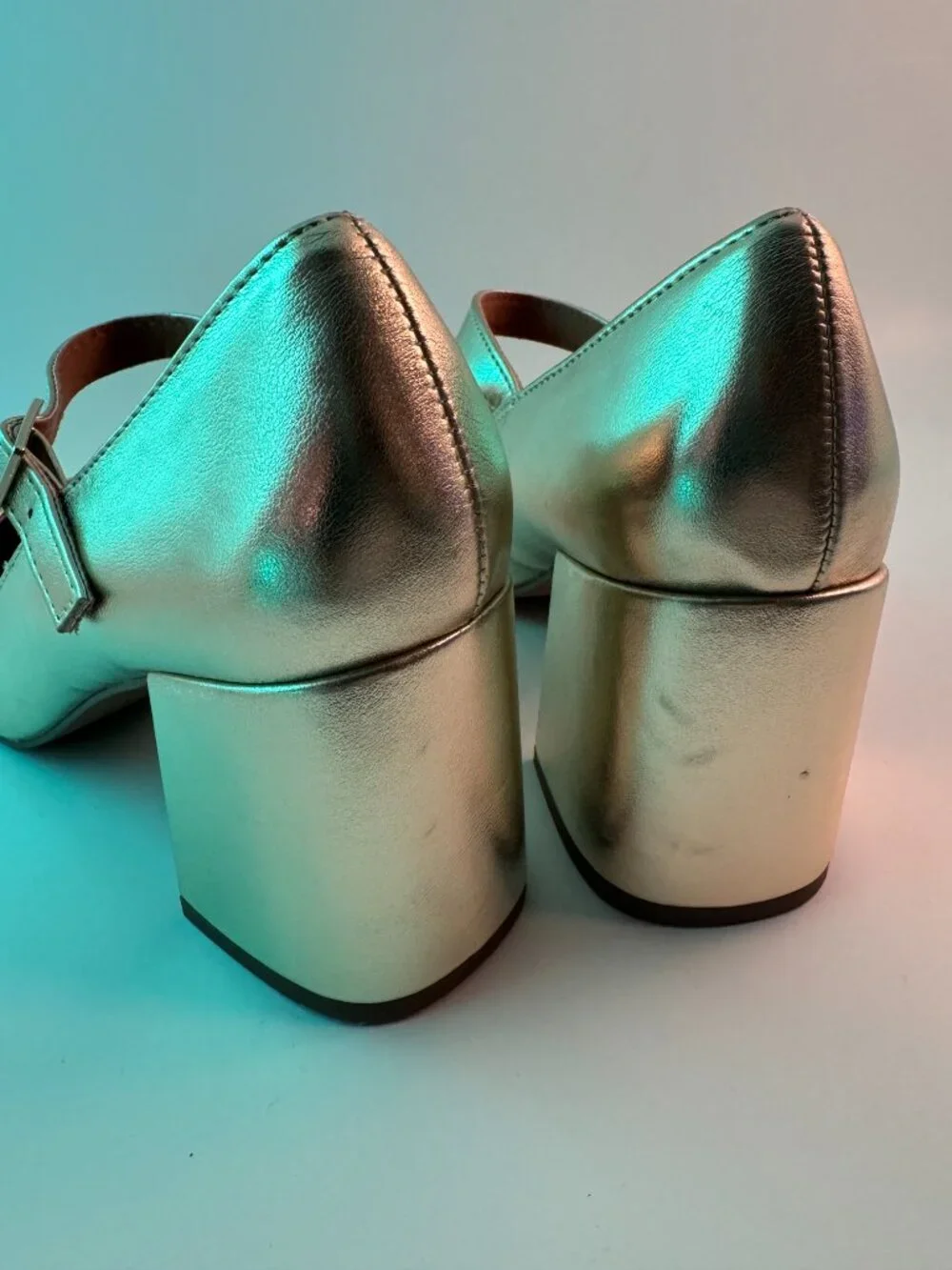 ASOS DESIGN Gold Metallic Mary Jane Block Heels Square Toe Buckle Pumps 7